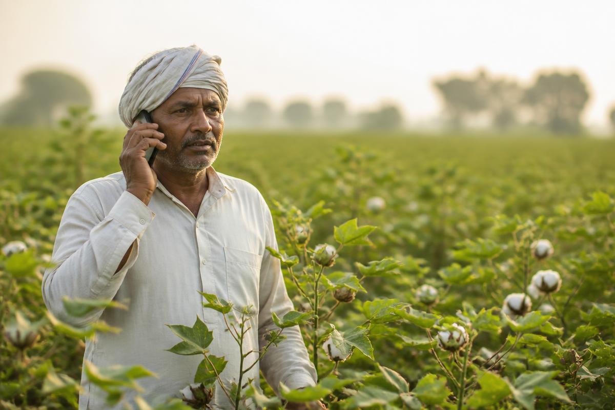 Farmer taking a call in a cotton field