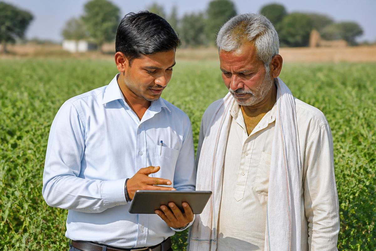 Field officer with a tablet talking to a farmer
