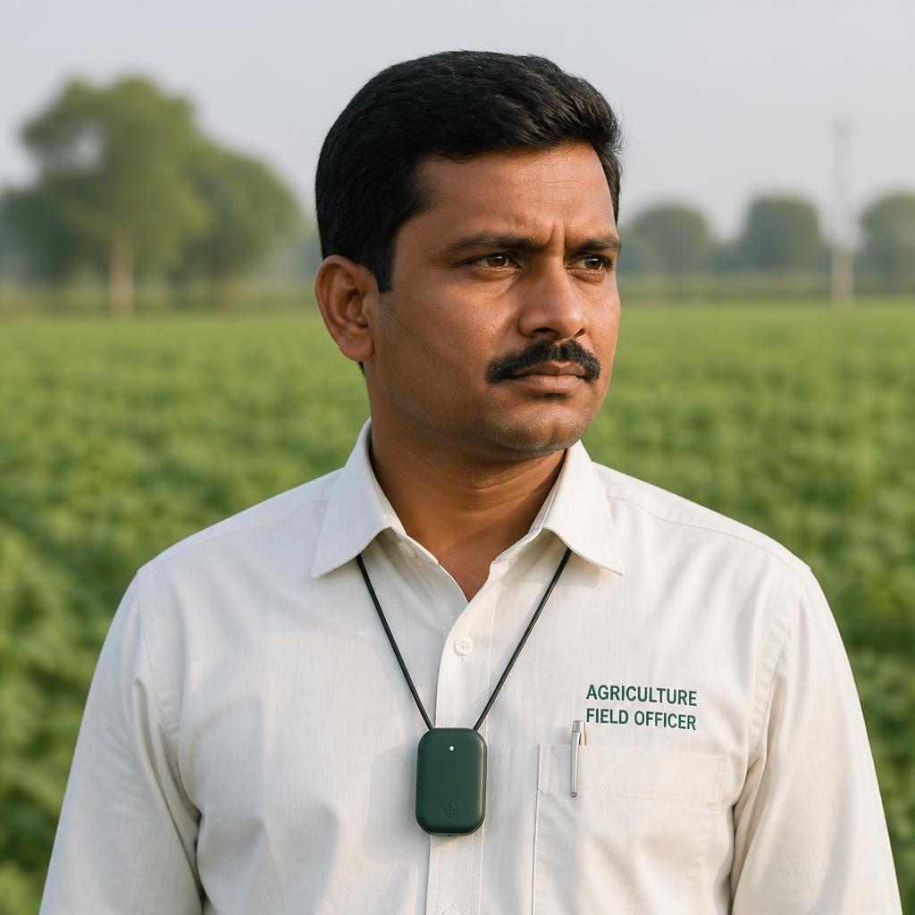 Field officer wearing the ICE pendant on a lanyard in a crop field